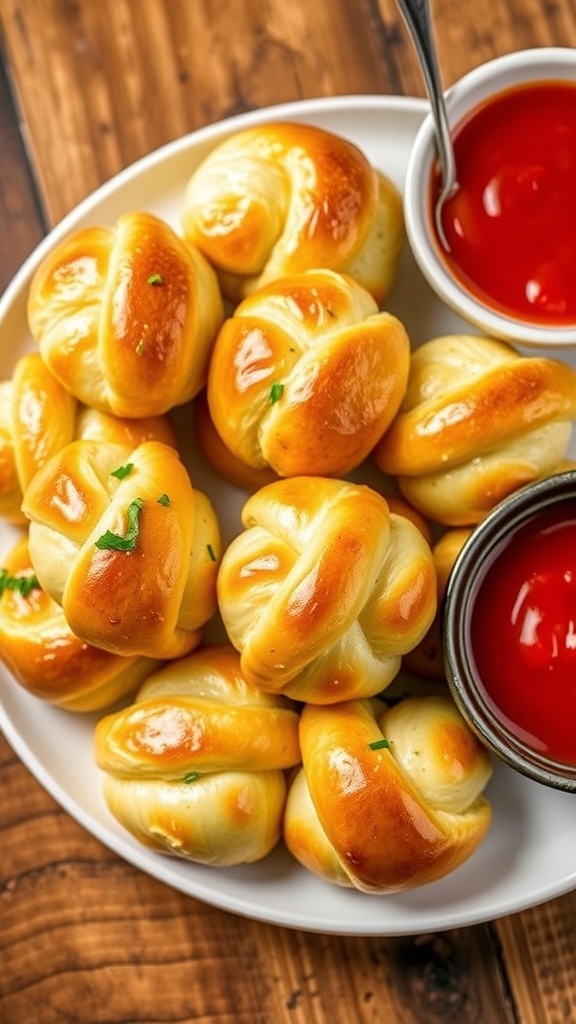 Golden brown garlic herb bread knots on a plate with marinara sauce for dipping.